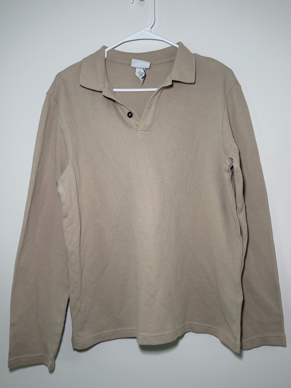 H&M Beige Fine Knit Waffle Long Sleeve Polo Shirt Men’s